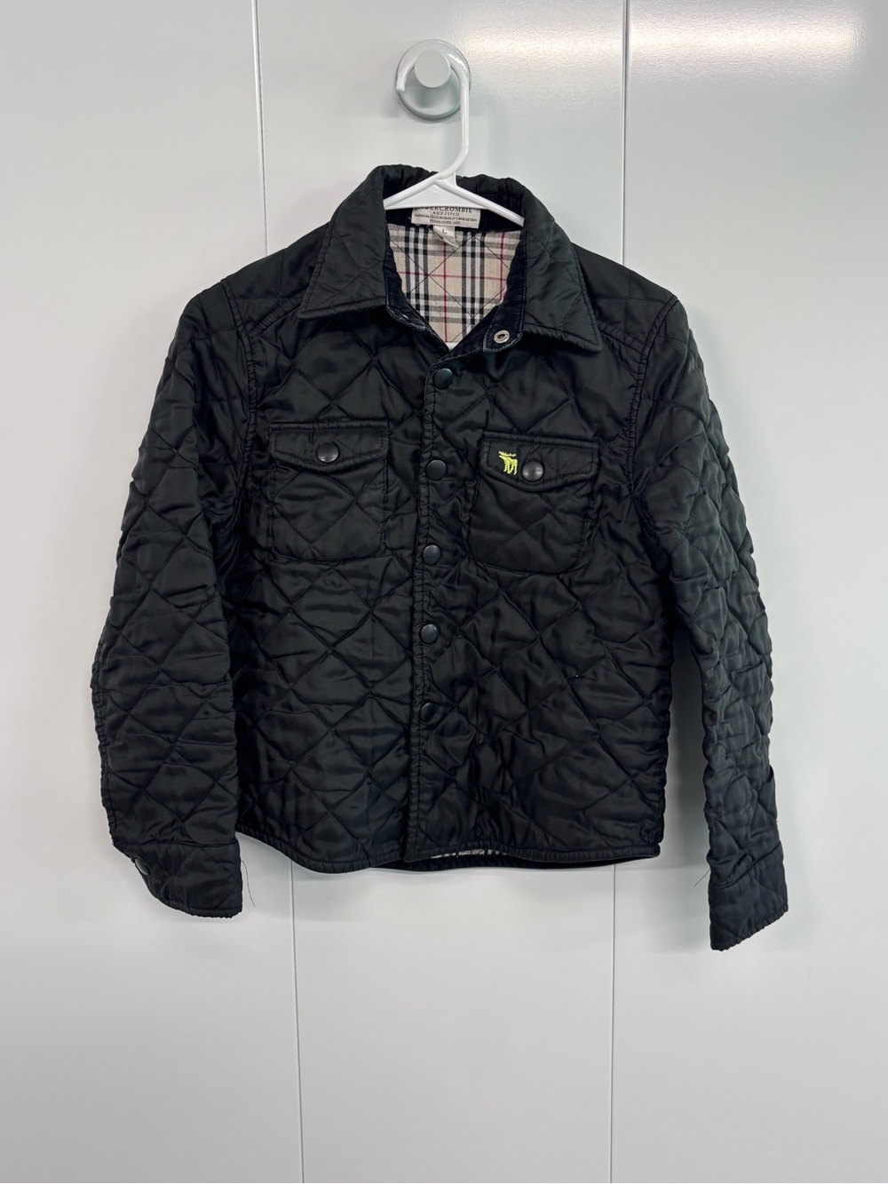 Abercrombie & Fitch Black Quilted Jacket Plaid Lining Boys Large L Snap Buttons